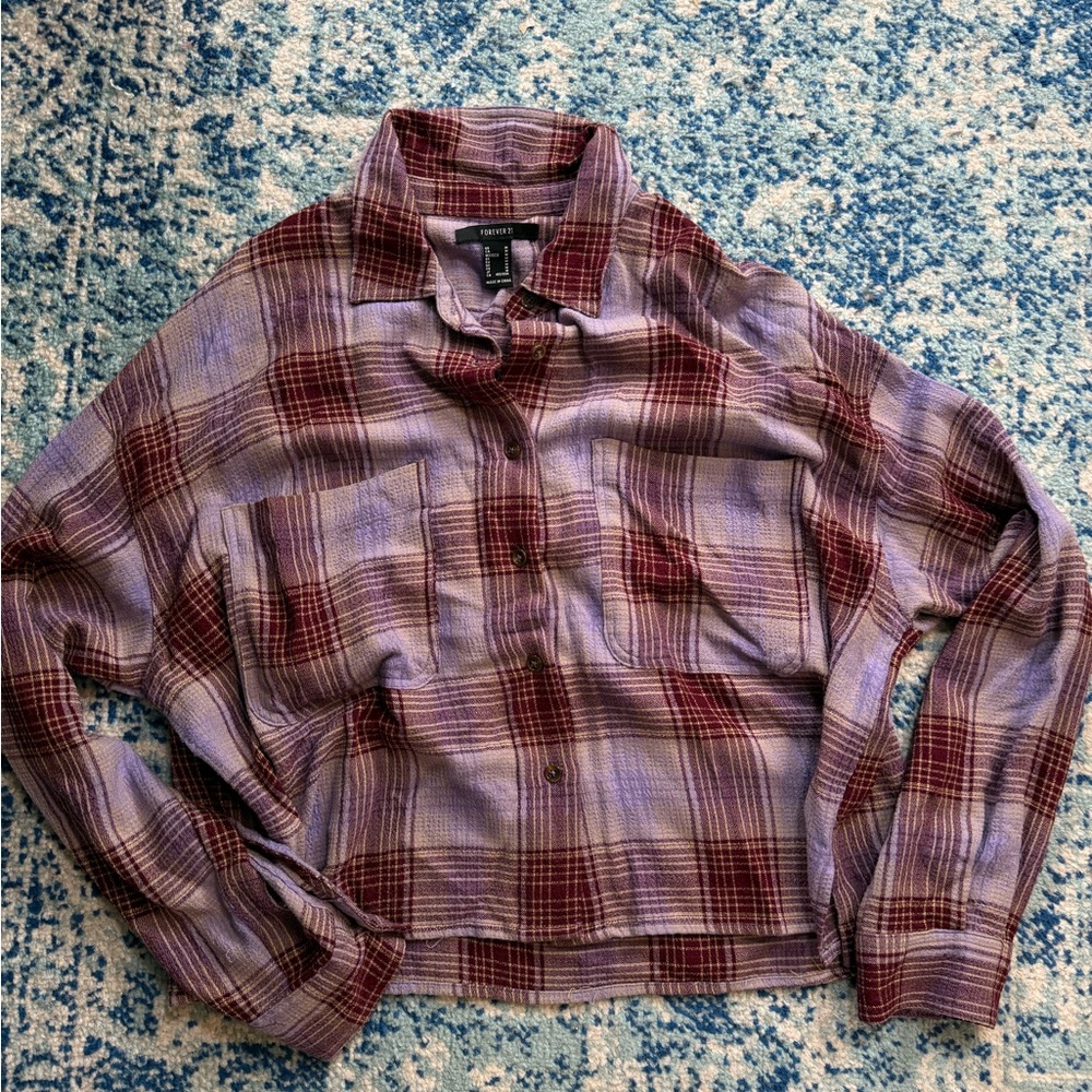 Cropped Plaid Red and Purple Button-Up Shirt